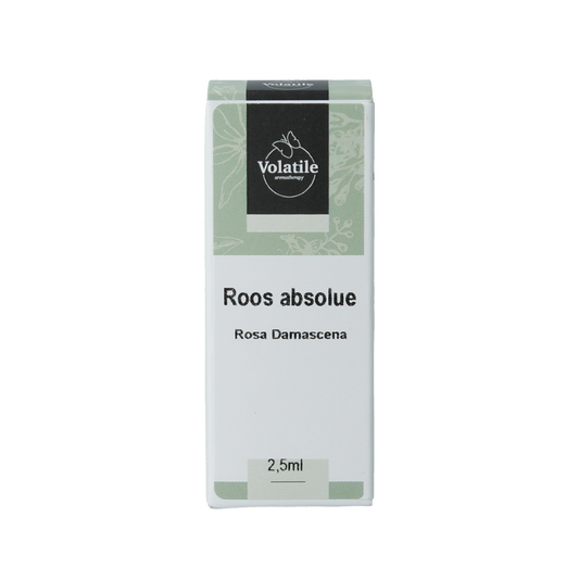 Volatile Roos Absolue essential oil bottle, 2.50ml, featuring a dark glass container and label showing floral design.