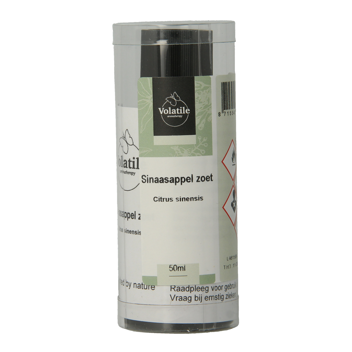 Volatile Sinaasappel zoet essential oil 50ml bottle, vibrant orange liquid in a glass container, on white background.