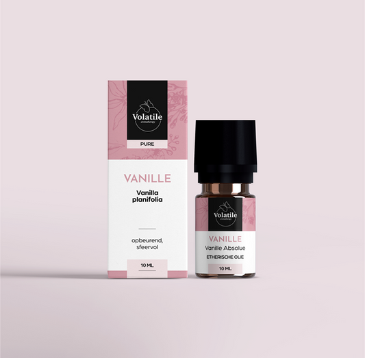 Volatile Vanille essential oil bottle, 10ml, clear glass container with label, natural vanilla aroma, part of Volatile etherische oliën collection.