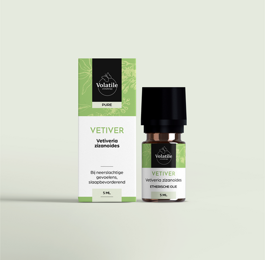 Volatile Vetiver essential oil in a 5ml bottle, showcasing the amber liquid and label detail from Volatile brand.
