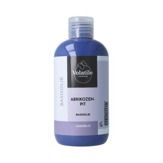 Volatile Abrikozenpit basis body care product, 250ml bottle, with a natural label and orange and white packaging.
