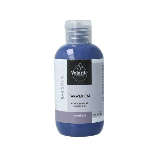 Volatile Tarwekiem basisolie in 100ml bottle, natural body care oil for nourishing skin and skincare routines.