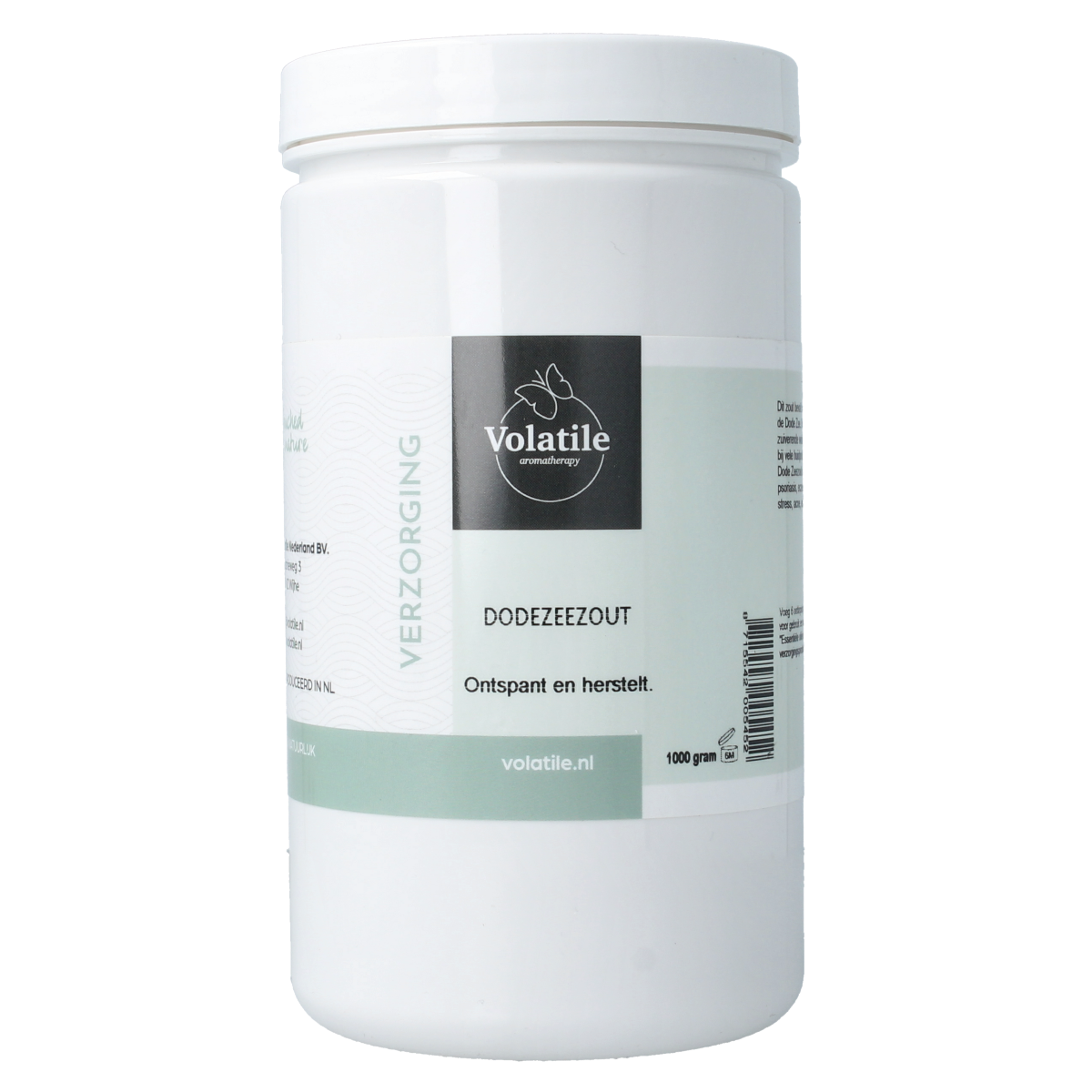 Volatile Dode zeezout 1kg in bad en douche product, showing a clear container of mineral bath salt and packaging details.