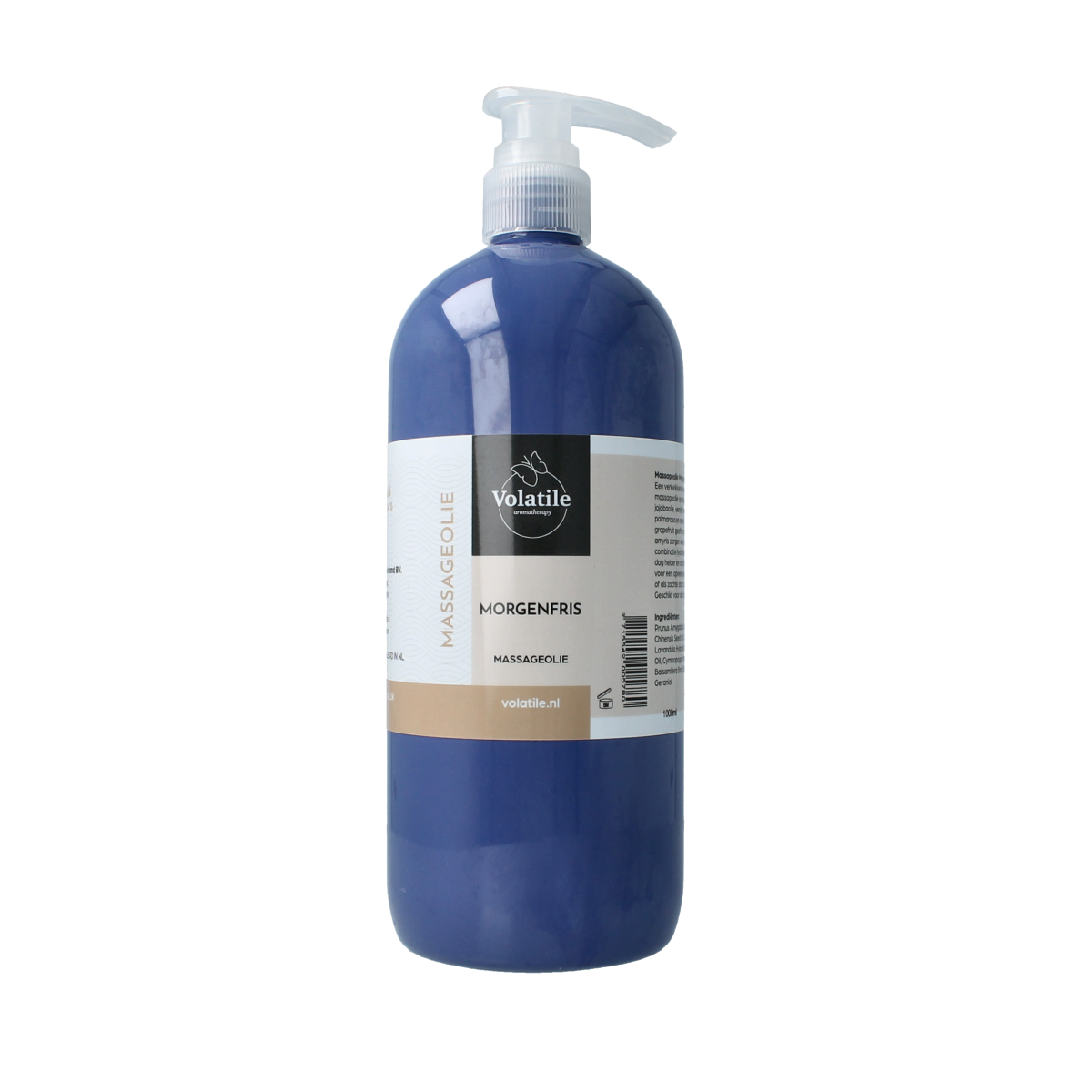 Volatile massage oil morgenfris 1 liter bottle, body care product with bright orange color and smooth liquid texture.