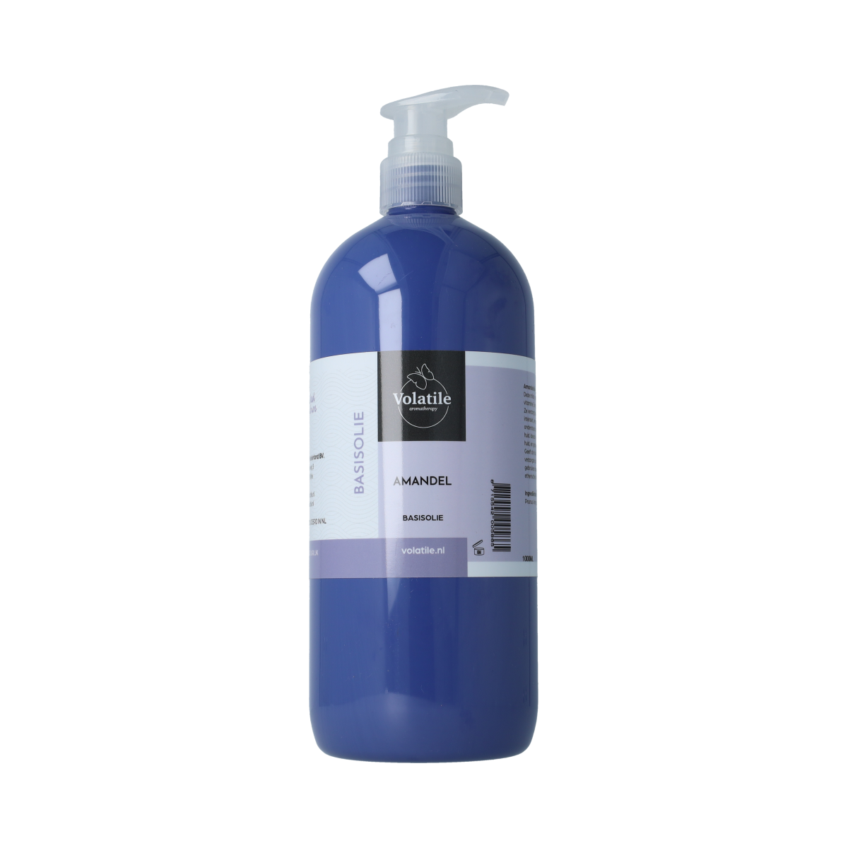 Volatile Amandel basisolie 1 liter, natural almond carrier oil for body care, clear bottle with golden liquid visible.