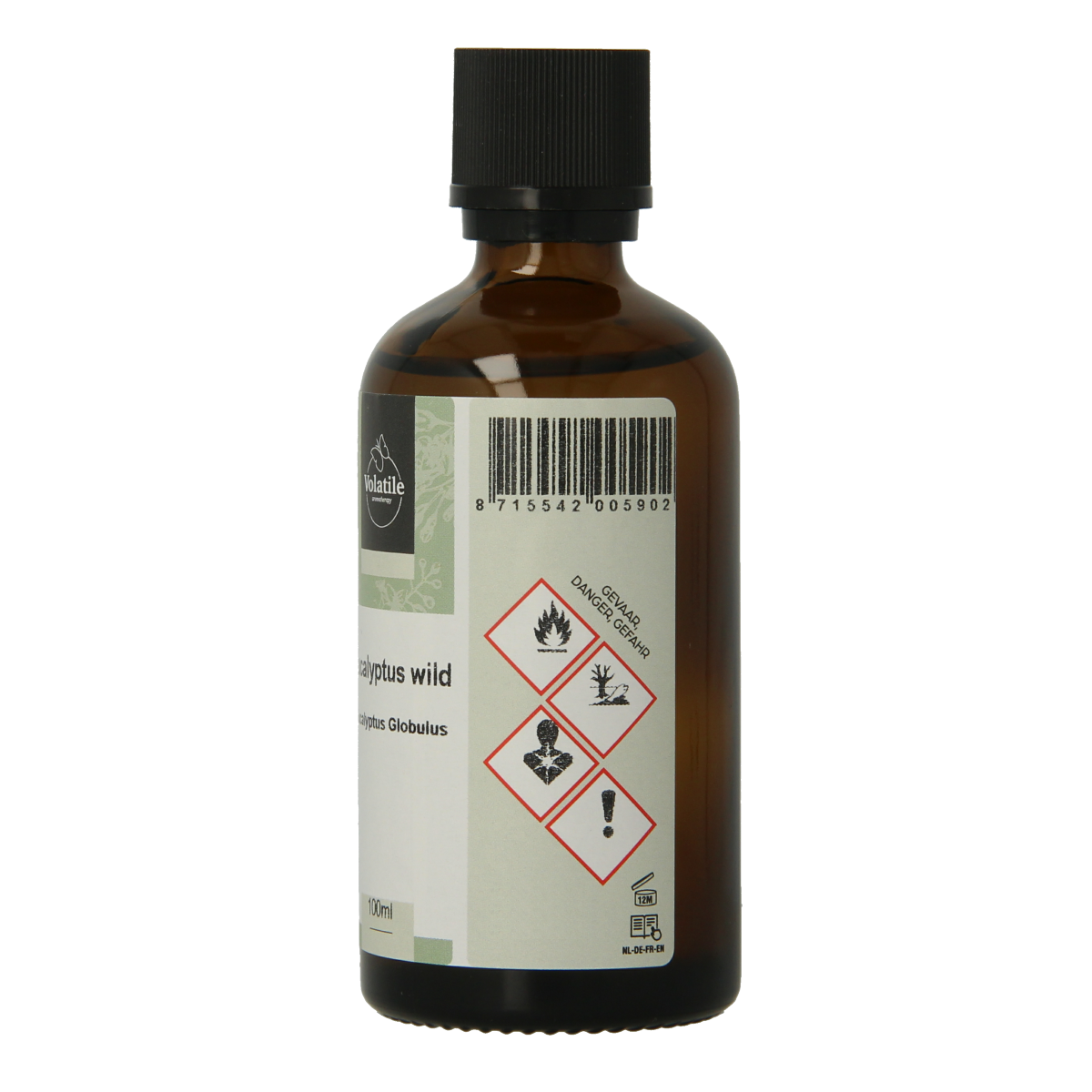 A 100ml bottle of Volatile Eucalyptus Wild essential oil with a clear label, set against a plain background.