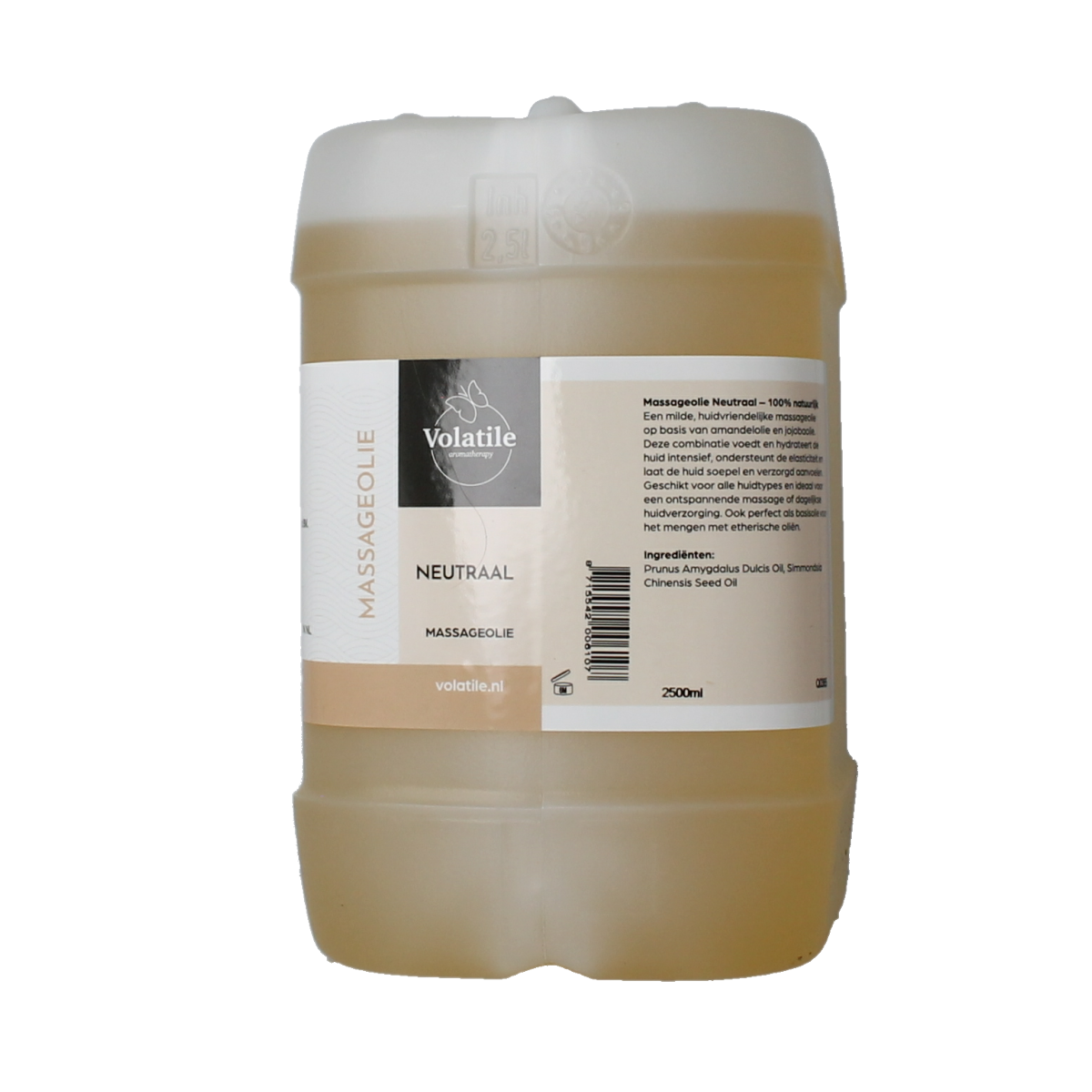 Volatile neutraal massageolie in a 2500ml bottle, body care product, clear container showing the transparent oil inside.
