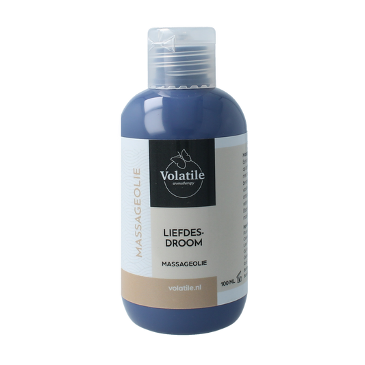 Volatile Liefdesdroom massageolie bottle showing 100ml size, with a sleek design and label detailing the body care product.