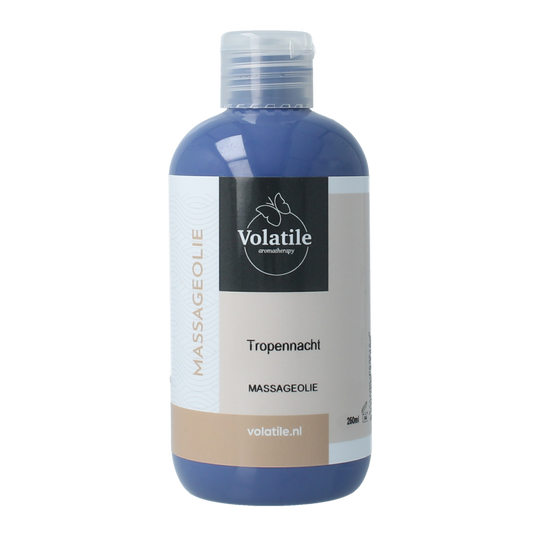 Volatile Tropennacht massage oil bottle, 250ml, for body skincare, with a dark-colored cap and label showing tropical motifs.