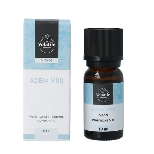 Volatile Adem vrij essential oil bottle 10ml, natural aromatic etherische oliën product with orange label and transparent cap.