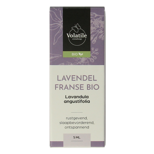 Volatile Lavendel bio essential oil in a 5ml bottle, featuring a clear glass container with lavender-colored liquid.
