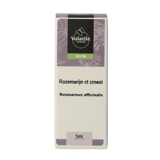 Volatile Rozemarijn bio essential oil bottle, 5ml, with a clear label and amber glass container for aromatherapy use.