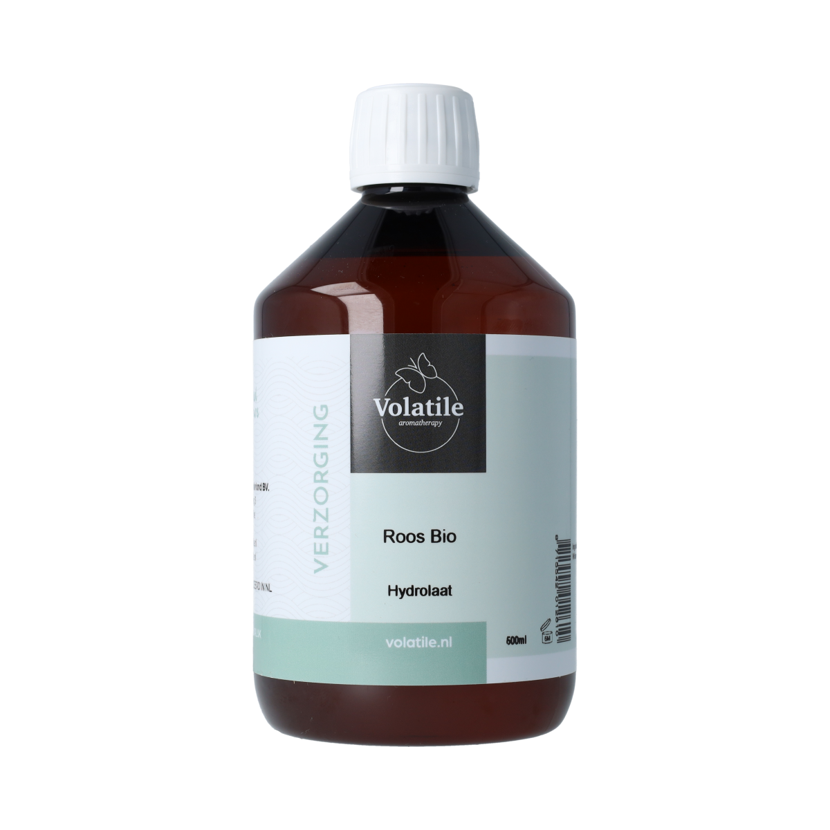 Volatile Roos hydrolaat 500ml bottle for skincare, clear container with pink rose hydrosol inside, natural facial and body care product.