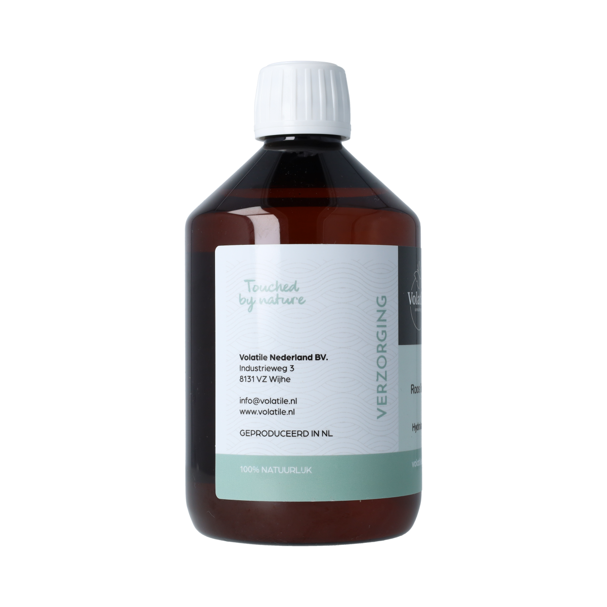 Volatile Roos hydrolaat 500ml bottle for body care, featuring a clear glass container with a white label and pump dispenser.