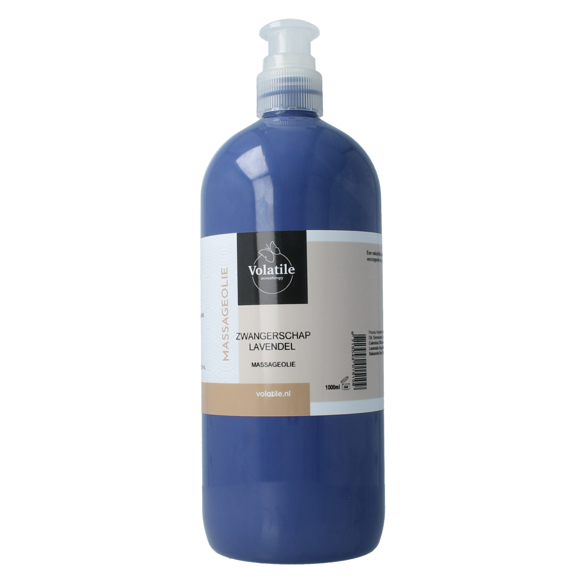 Volatile zwangerschap lavendel massageolie in 1 liter bottle, body care product with lavender scent for relaxation and prenatal massage.