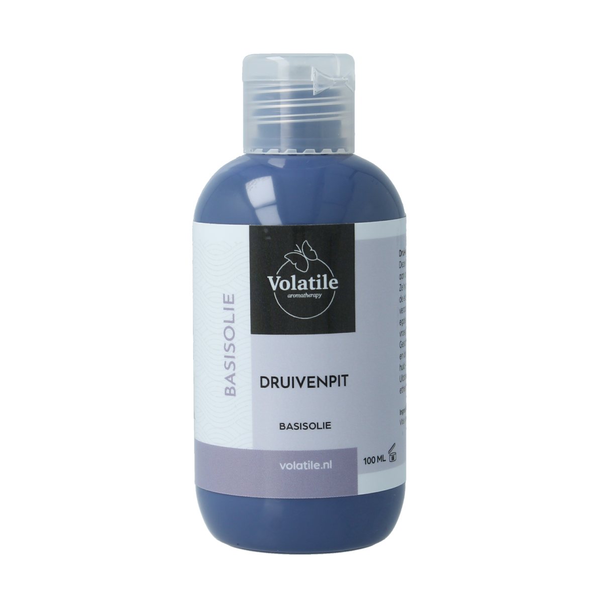 Volatile Druivenpitolie 100ml body care product bottle with label and clear packaging, used for skincare and body treatments.