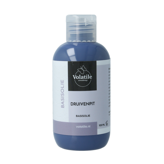 Volatile Druivenpitolie 100ml body care product bottle with label and clear packaging, used for skincare and body treatments.