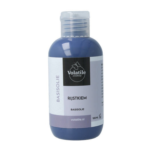 Volatile rijstkiem basisolie in 100ml bottle, natural body care product with clear liquid and label, for skincare use