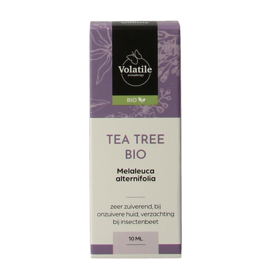 Volatile Tea Tree Bio 10ml bottle for body care, featuring a clear glass container with a white cap and green tea tree label.