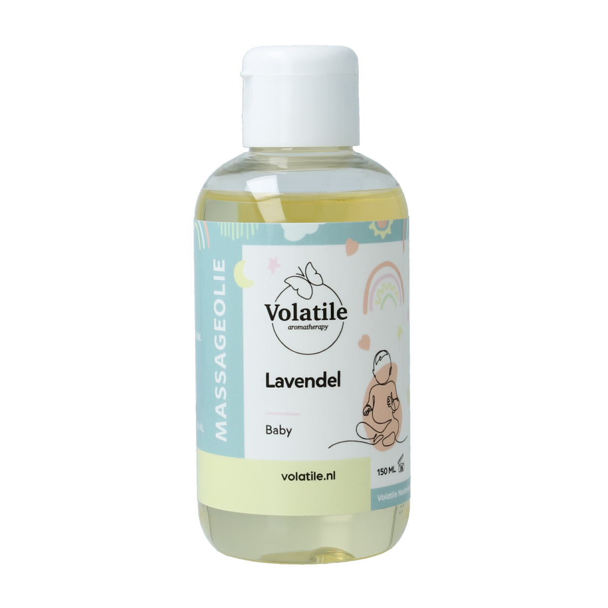 Volatile baby lavender massage oil in a 150ml bottle, natural body care product with lavender scent for gentle skin care.