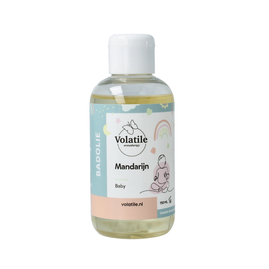 Volatile Badolie baby mandarijn bad- en doucheolie in 150ml bottle, featuring a bright citrus label with Mandarijn scent.