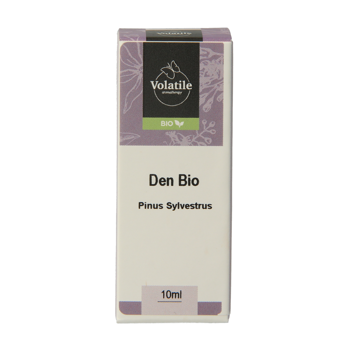 Volatile Den bio 10ml bottle of essential oil, dark glass container with label, from Volatile brand, on white background.