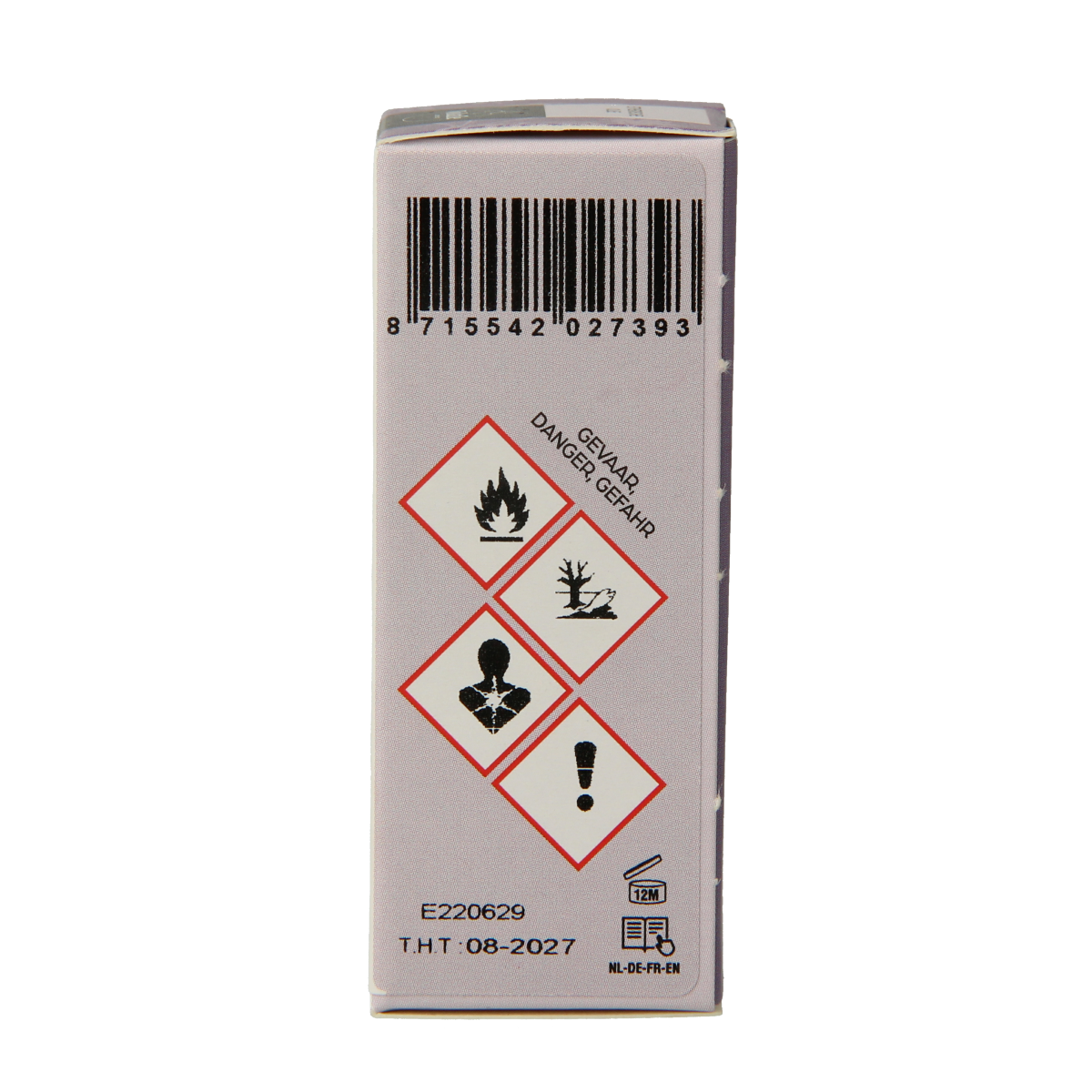 Volatile Den bio 10ml bottle of essential oil with a dark amber glass container and white label, showing the product and branding.