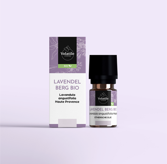 Volatile Lavendel Berg Bio essential oil bottle, 10ml, with lavender flower imagery on the label.