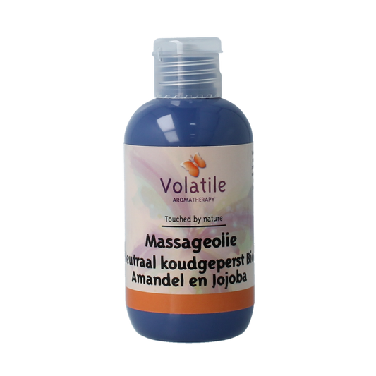 Volatile neutraal cold-pressed massage oil in a 100ml bottle, natural body care product with a clear label and pump dispenser.