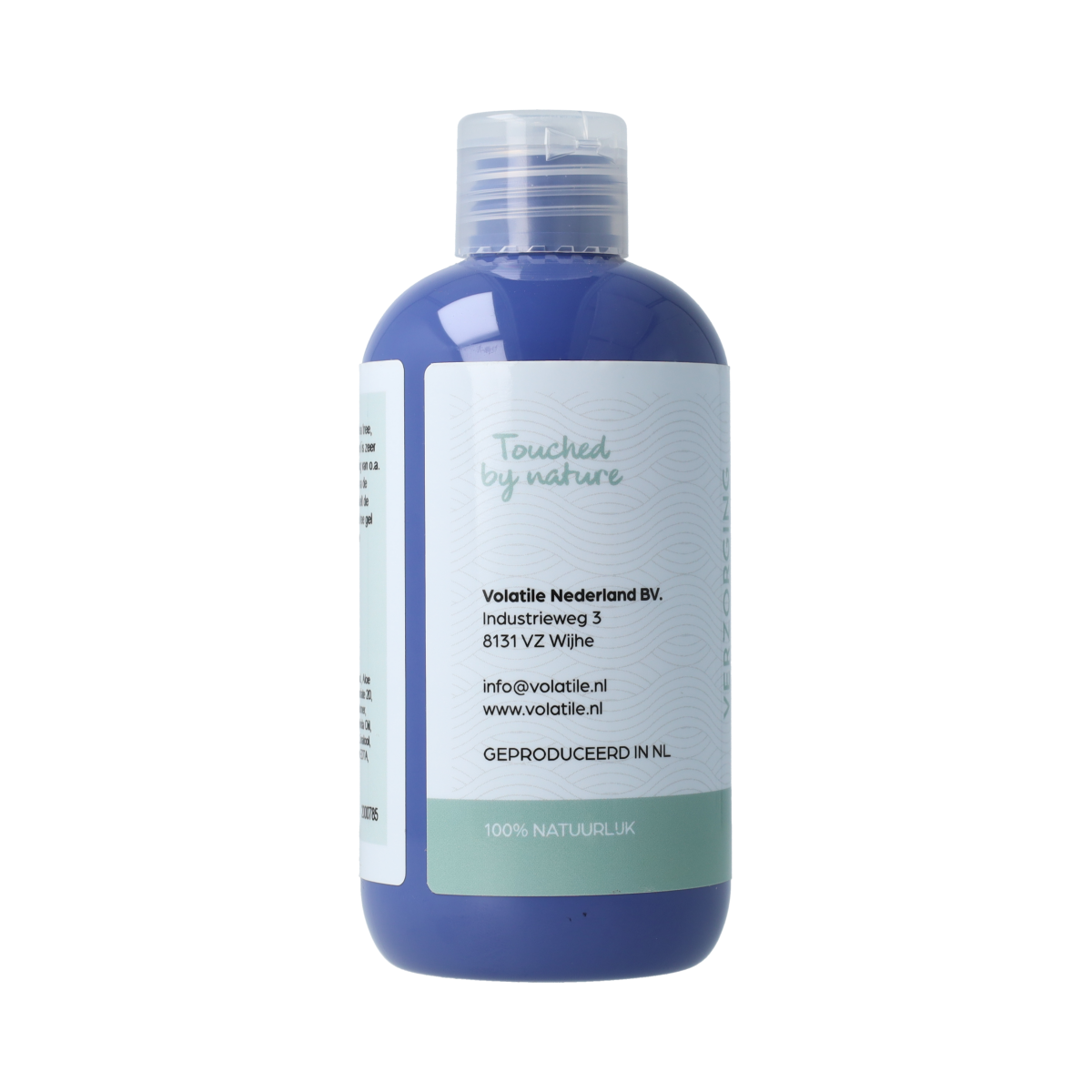 Volatile Tea Tree Gel in 250ml, natural body care product with fresh tea tree leaves and gel texture in a clear container.