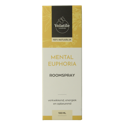 Volatile mental euphoria room spray in 100ml bottle, a geurverspreider with a sleek design and vibrant label.