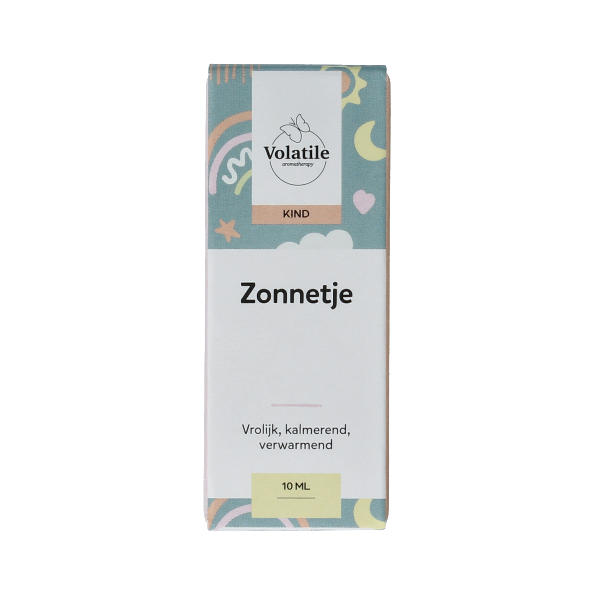 Volatile Zonnetje 10ml bottle of essential oil, clear glass with label, on a white background for natural aromatherapy use.