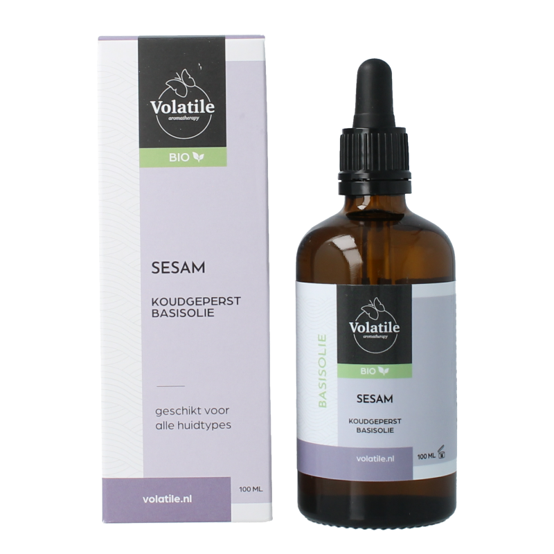 Volatile Sesam koudgeperst biologische basisolie in glazen fles, 100 ml, geschikt voor lichaamsverzorging, minimalistische product container