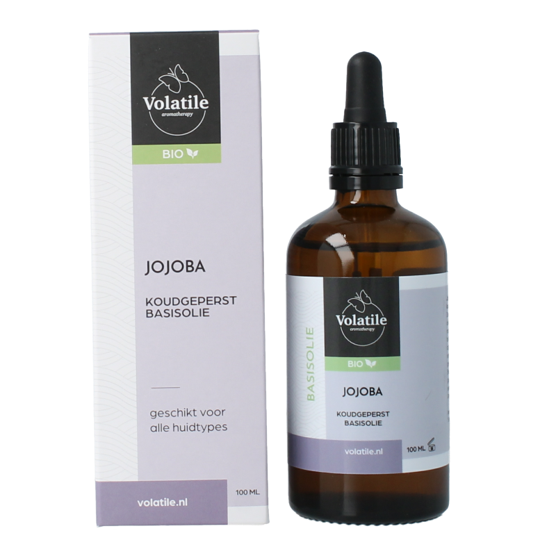 Volatile organic jojoba oil in a 100ml glass bottle, natural body care product with cold-pressed jojoba seed oil.