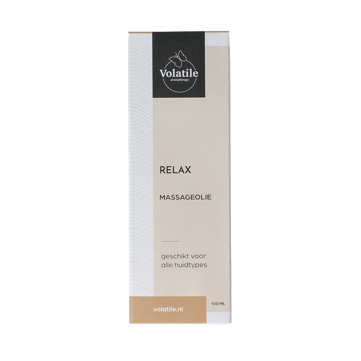 Volatile relax massage oil in a glass bottle with pump, 100ml, ideal for body care and relaxation.