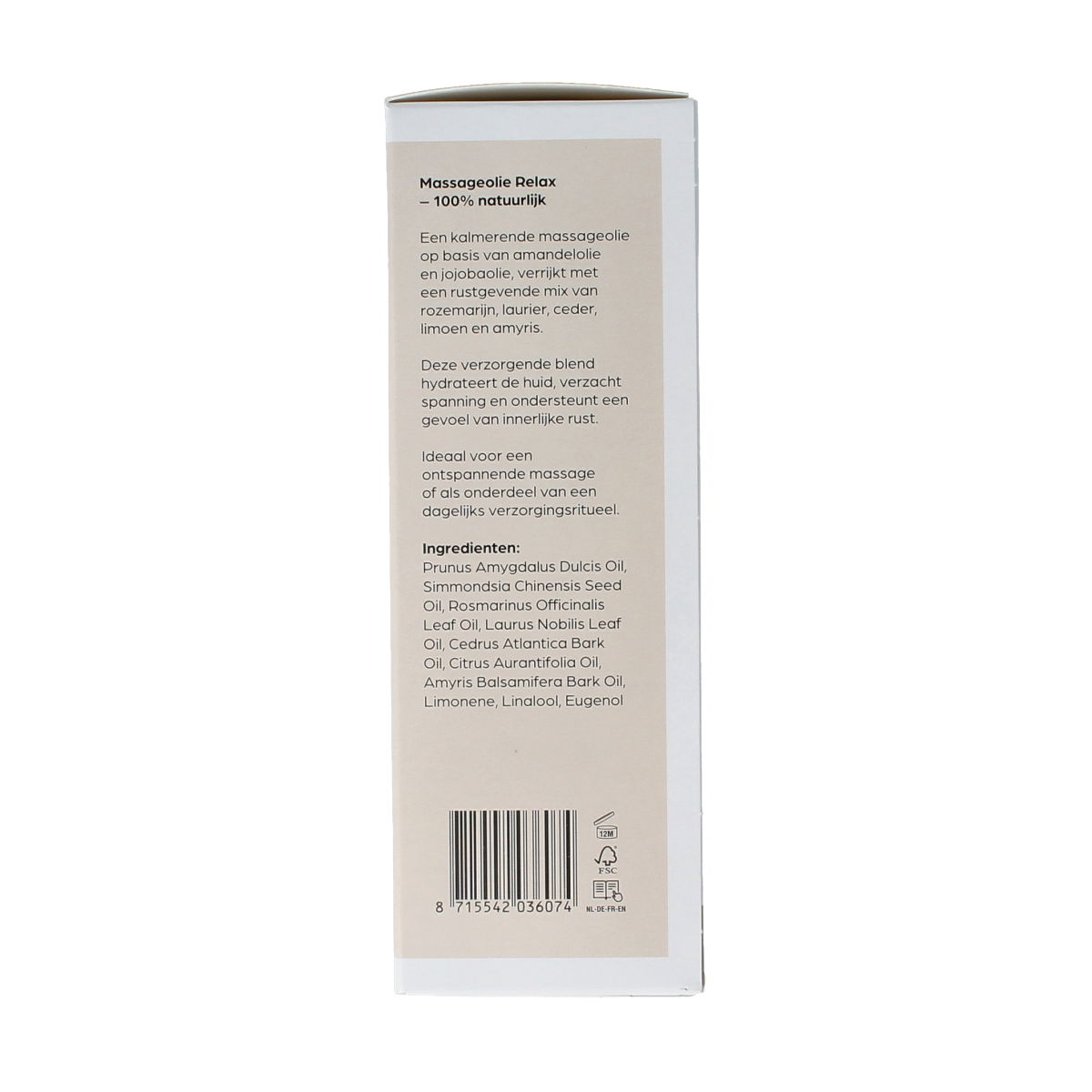 Volatile relax massage oil in a glass bottle with pump, 100ml, for body care and relaxation.