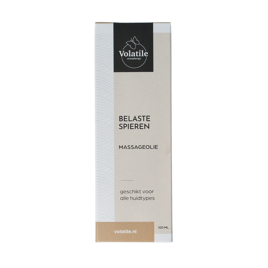 Volatile massage oil in a glass bottle with pump, 100ml, designed for muscle relaxation and body care.