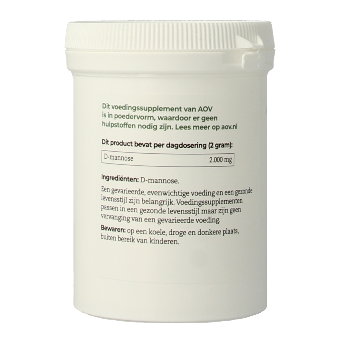 AOV D-Mannose powder in a 50g herbal supplement container, showing the product label and measuring scoop.