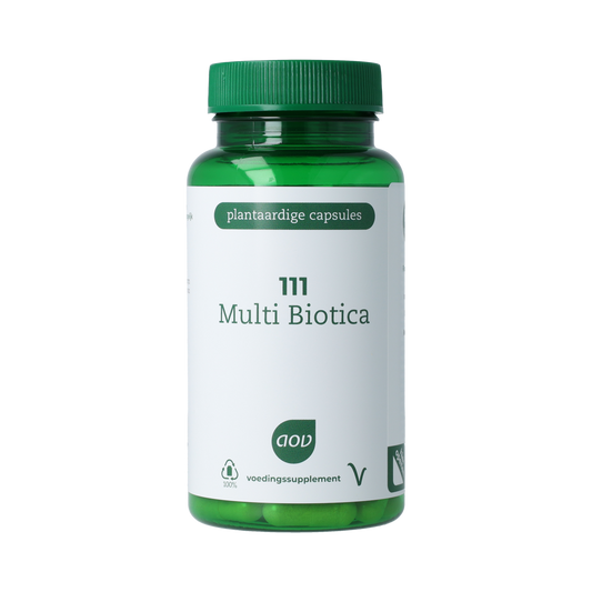 AOV 111 Multi Biotica vegetarian capsules, containing micro-organisms, in a clear bottle with a white cap.