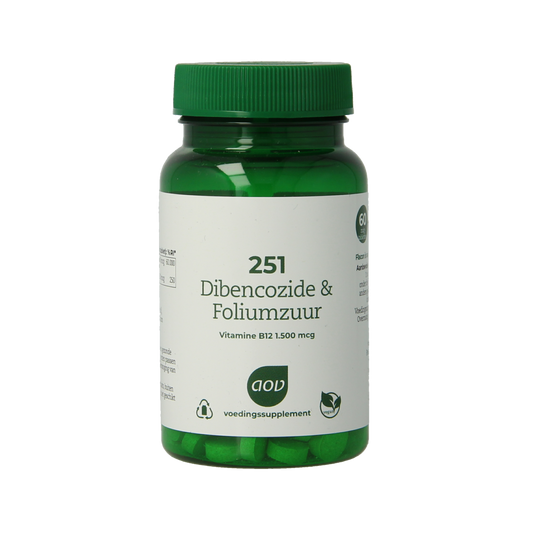 AOV 251 Dibencozide and folic acid multivitamin tablets, dietary supplement bottle with 60 pills in blister packaging.