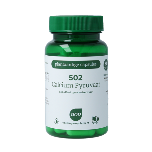 AOV 502 Calcium Pyruvate vegetarian capsules, mineral supplement in a bottle with white capsules on a white background.