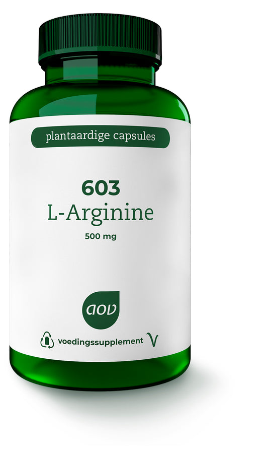 AOV 603 L-arginine vegetarian capsules, amino acids supplement in a bottle with capsules visible inside.