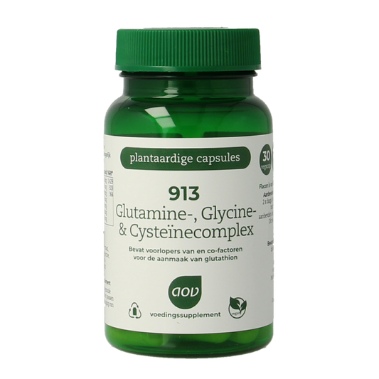 AOV 913 Glutamine, glycine, and cysteine amino acid complex vegetarian capsules in a bottle, designed for nutritional support.
