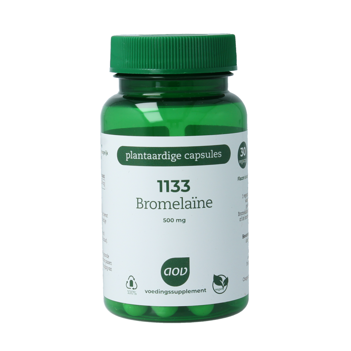 AOV Bromelaine 30 vegetarian capsules, fiber and enzyme supplement, shown in a clear bottle with label and capsules inside.