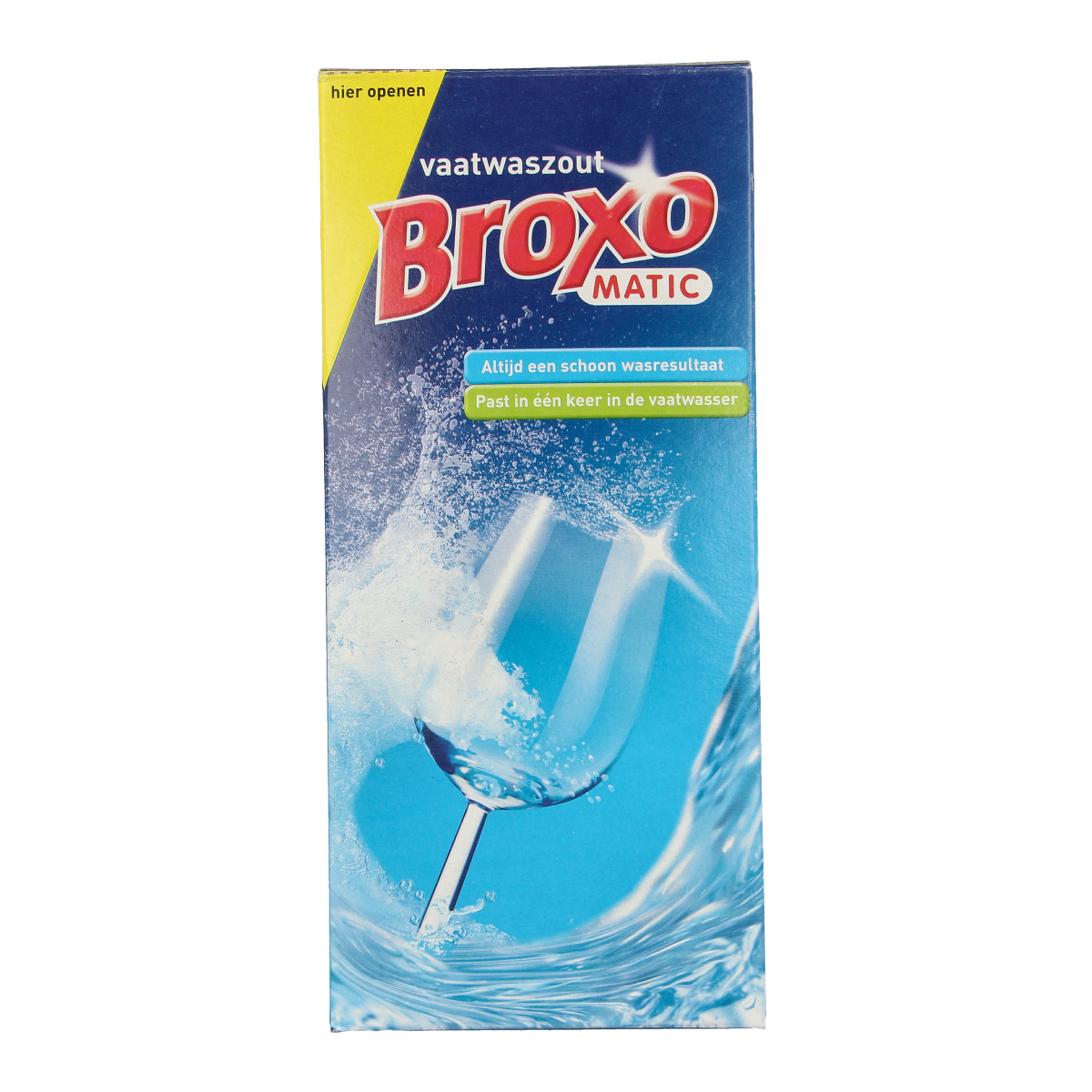Broxomatic Afwasmiddelen Ontkalkingszout 900g, natural cleaning product for dishwashers, with a label and salt granules visible.