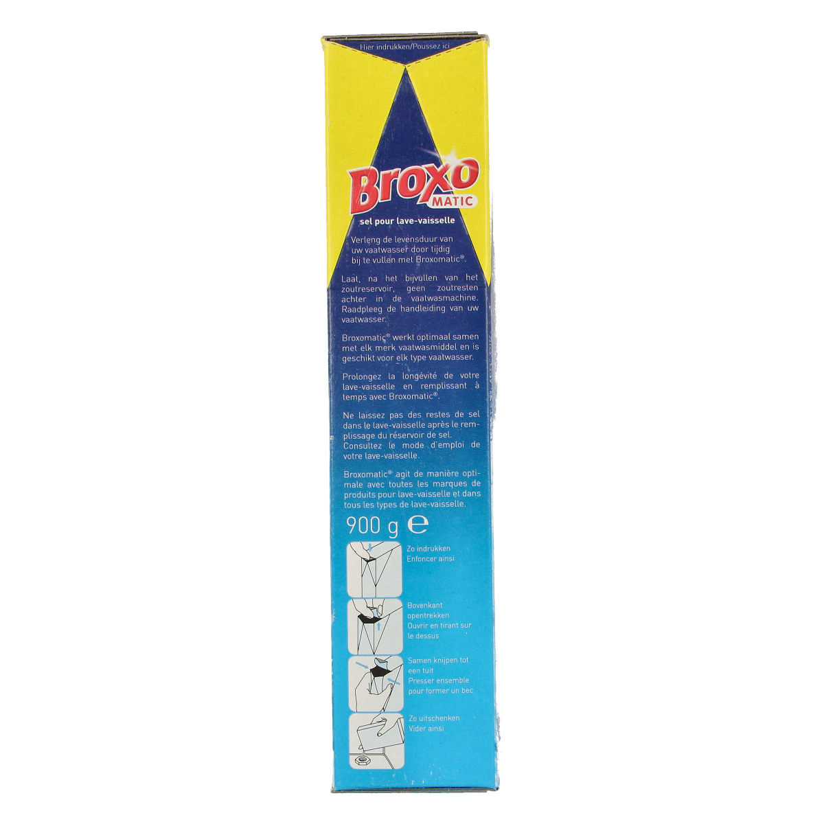 Broxomatic dishwashing salt packet, 900 grams, for cleaning and water softening, with a white and blue label.