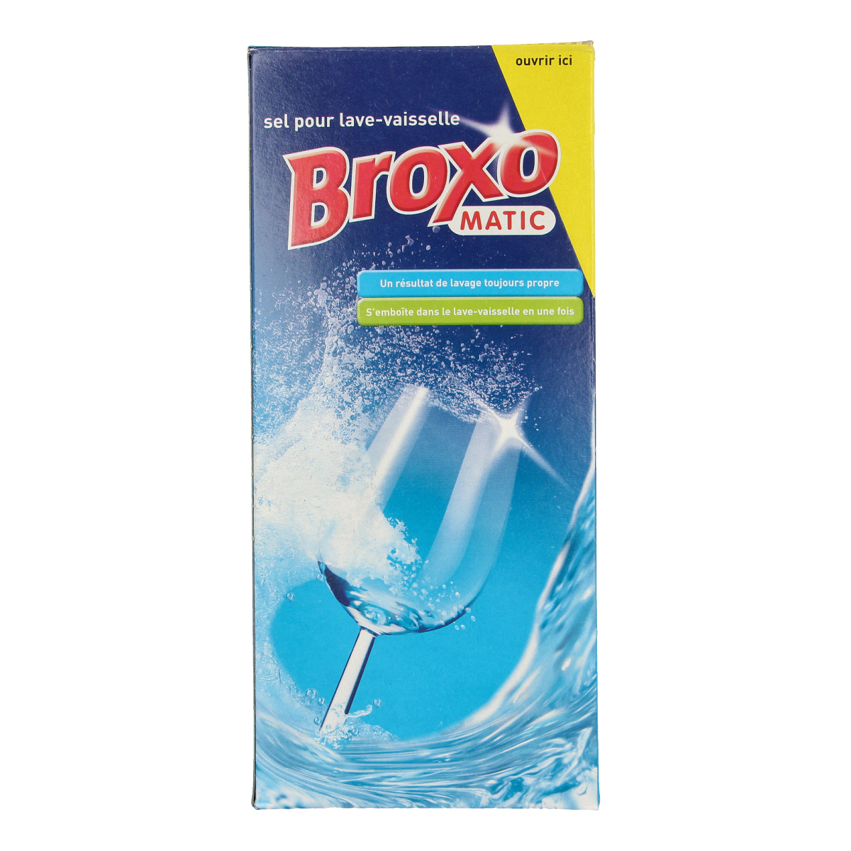 Broxomatic dishwashing salt 900g in a clear container, used for dishwasher maintenance and cleaning.