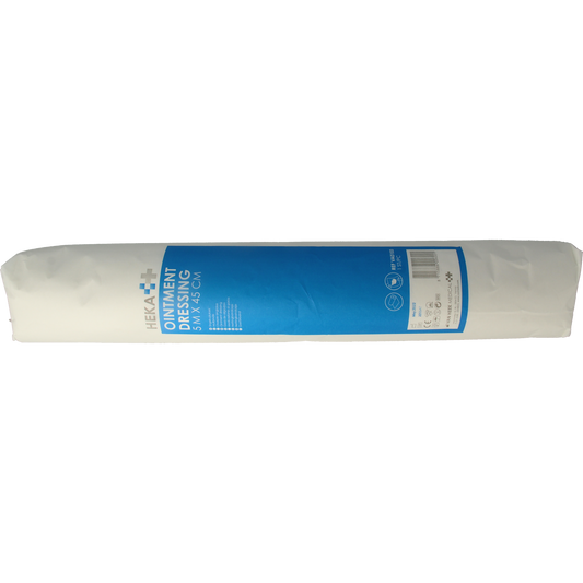 Heka ointment dressing with Engels pluksel, 5m x 45cm, sterile watten dressing for wound care, in packaging.
