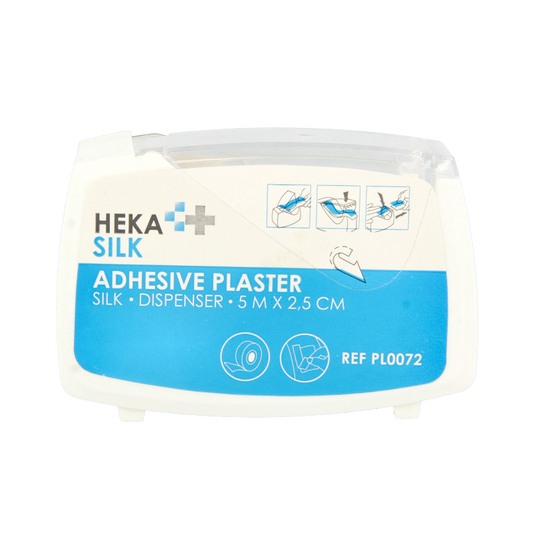 Hekapor silk dispenser tape 5m x 2.5cm, showing the sleek white silk tape roll for medical or wound care use.
