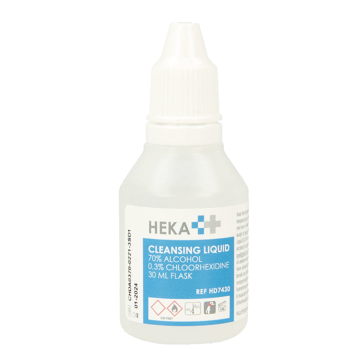 Heka cleansing liquid in a 30ml bottle, disinfectant product with clear label and cap, designed for cleaning and sanitizing.